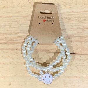 Handmade Faux Pearl Bracelet Set Womens 3pc Smiley Face Bow Coquette Kawaii OS